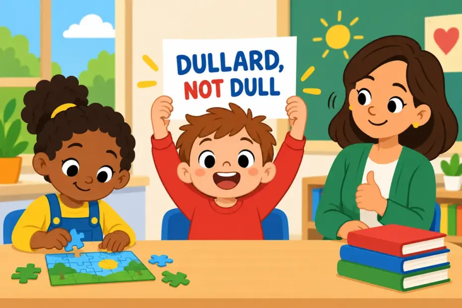 Cartoon pupils hold up a sign reading dullard beside a classmate who is calmly solving a puzzle.