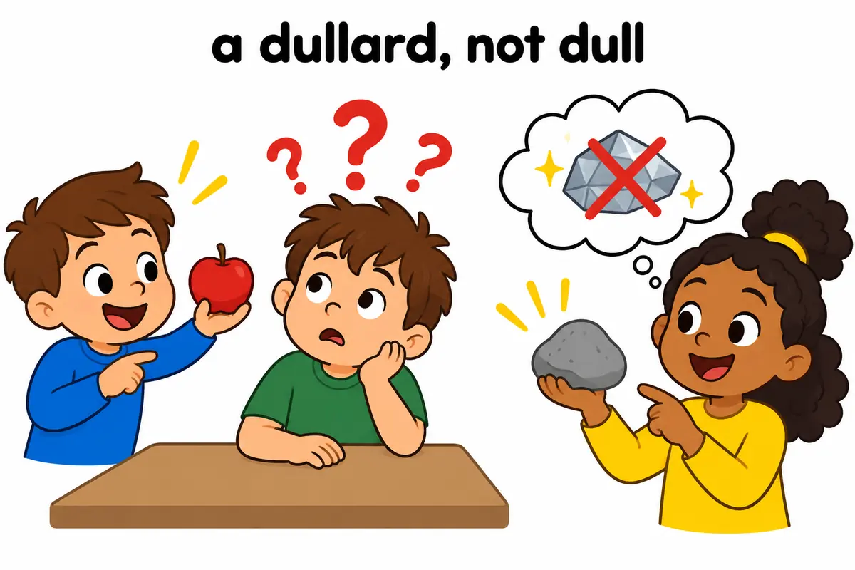 One unified cartoon scene illustrates Dullard names a person and takes an article; dull describes a quality.