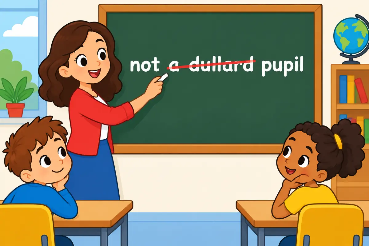 A cartoon teacher crosses out the phrase dullard pupil on a board and writes dull pupil beside it.