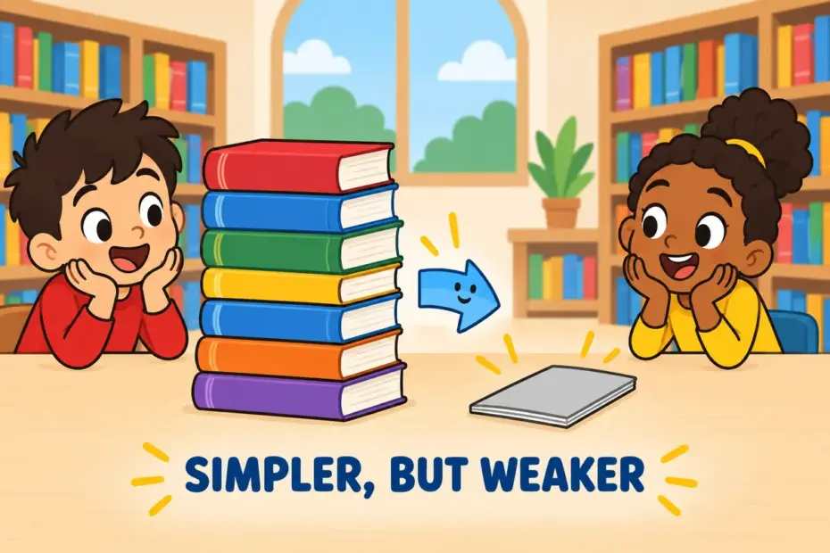 Cartoon children watch a thick book shrink into a thin pamphlet, showing dumb down in a sentence.