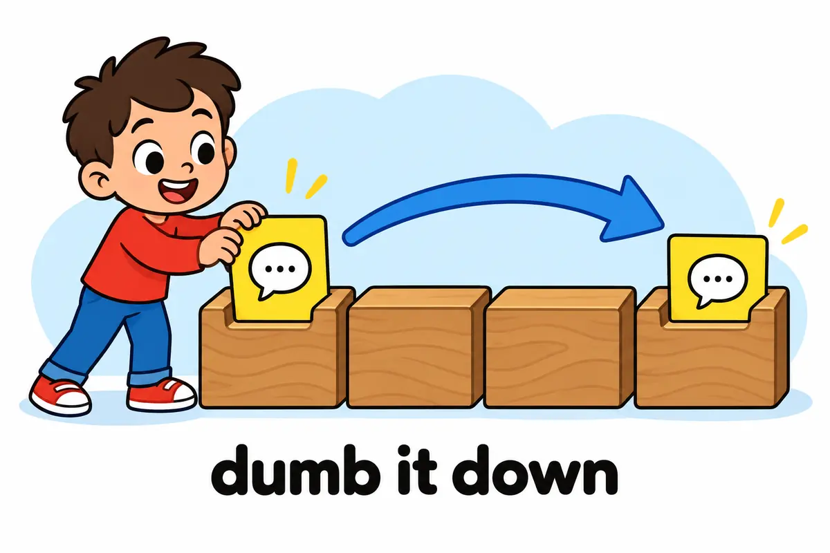 A cartoon child slides a card labelled it between the words dumb and down on a wooden board.