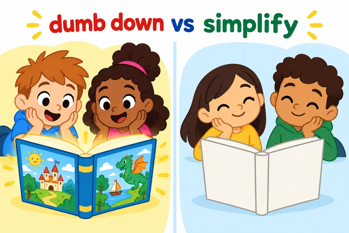 A cartoon split scene contrasts a rich detailed book beside a thin hollow outline of the same book.