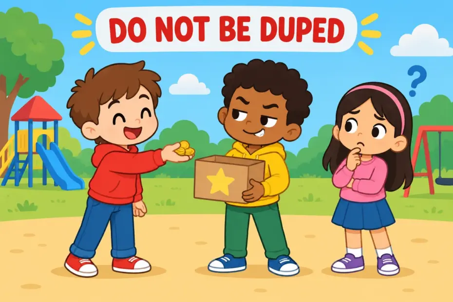 A cartoon child hands over coins for a fake toy, showing dupe in a sentence as being tricked into a loss.