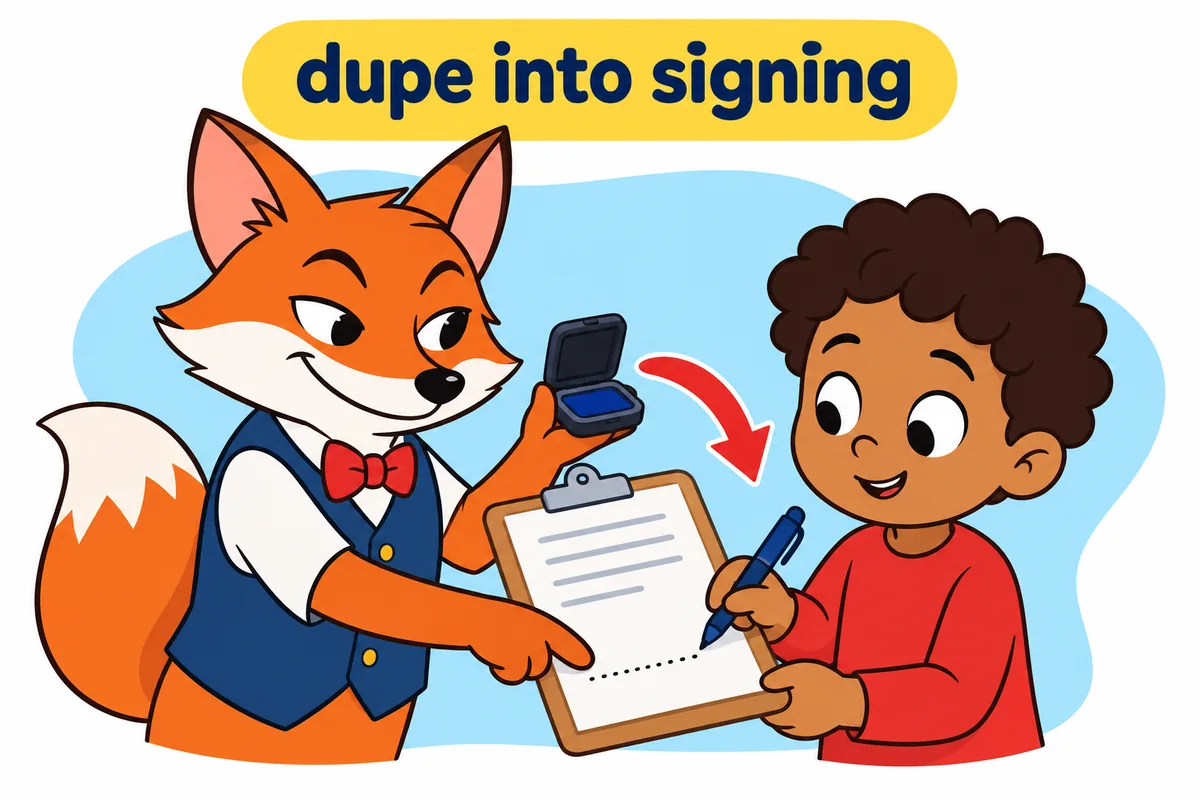 A cartoon child signs a form that a sly fox character holds out, illustrating the pattern dupe someone into doing something.