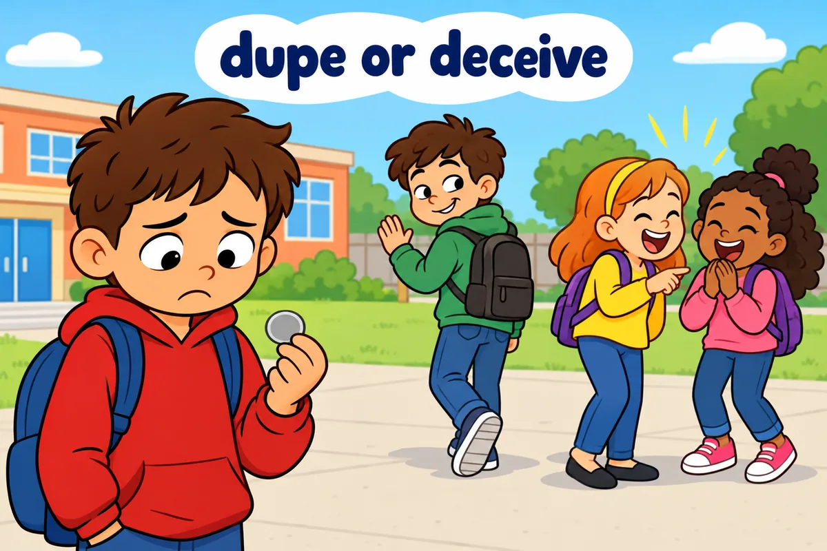 A single cartoon scene contrasts a child handed a fake coin with a child simply told a mild joke.