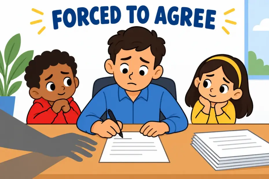 Cartoon figure signing a paper with a shadowy hand pressing down, showing duress in a sentence as acting under pressure.