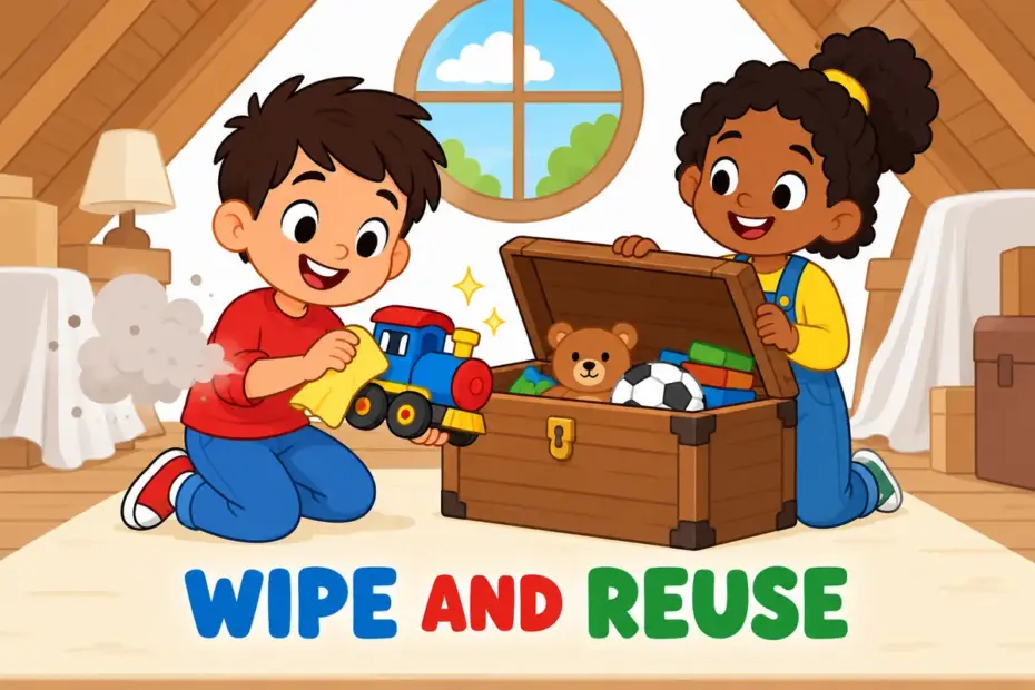 Cartoon child wipes dust from a toy train and sets it running, showing dust off in a sentence as reviving something old.
