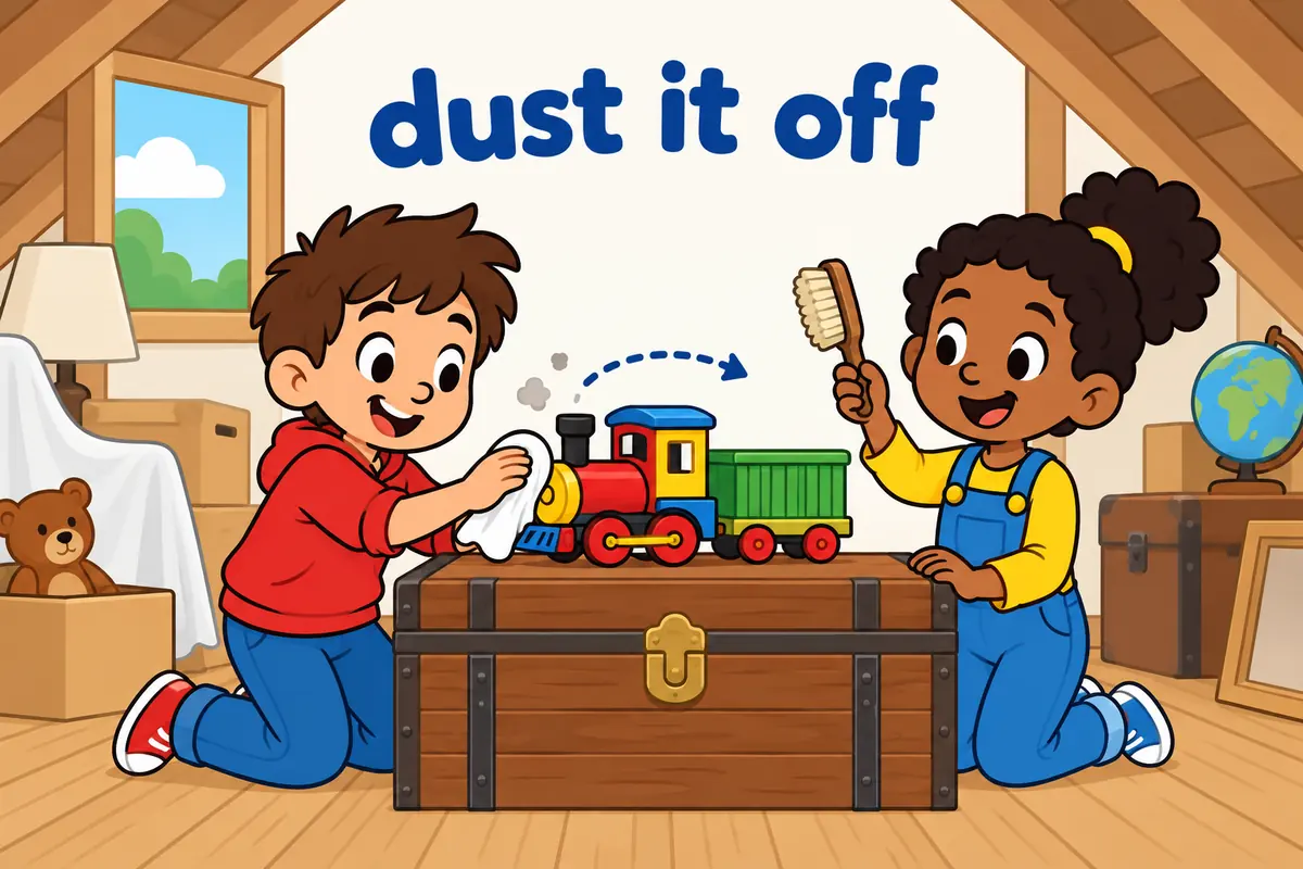 A cartoon child wipes dust from an old toy and starts using it again, showing the separable order dust it off.