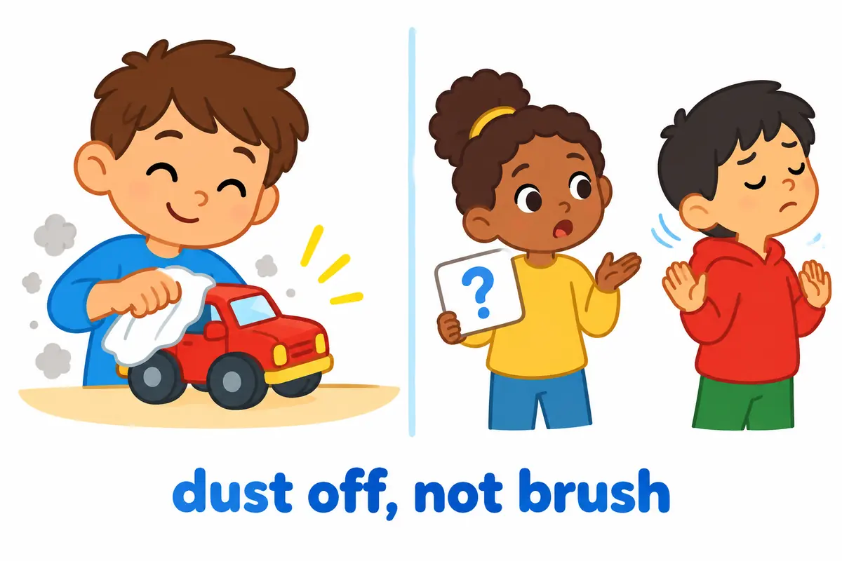 Two cartoon panels compare a child wiping dust from a toy with a child turning away from a question.