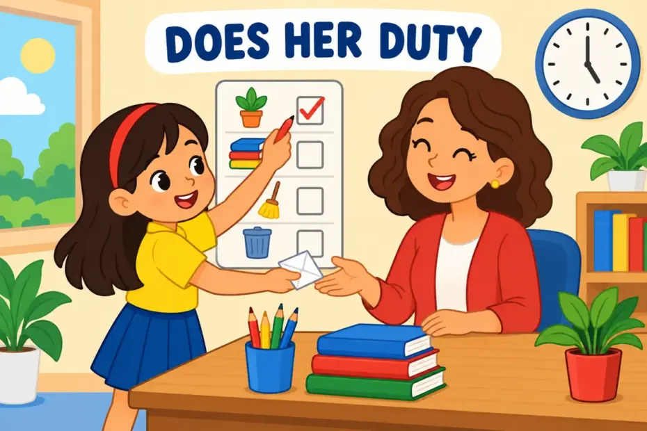 A cartoon girl completes a daily chore chart and hands a note to a teacher, showing dutiful in a sentence as meeting duty.