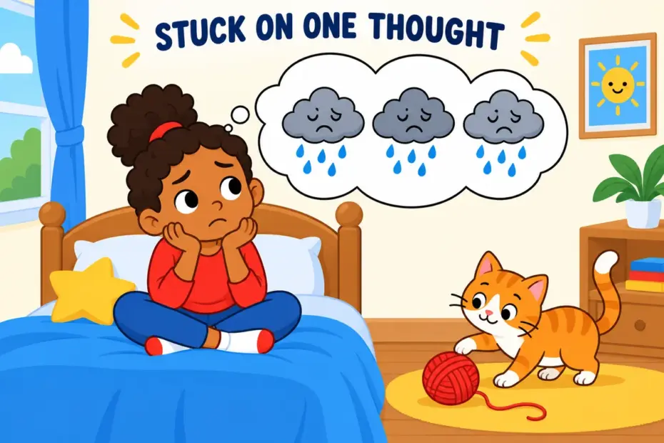 A cartoon child sits beside a thought bubble looping the same rainy scene, showing dwell on in a sentence.