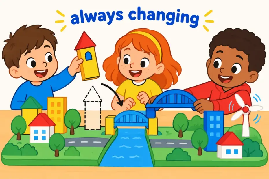 Cartoon children rebuild a model city that keeps changing shape, showing dynamic in a sentence as constant movement.