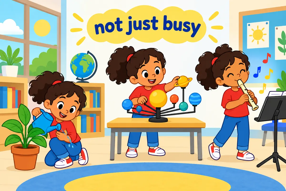 A child moves among several lively projects, showing dynamic means changing and energetic rather than merely busy.