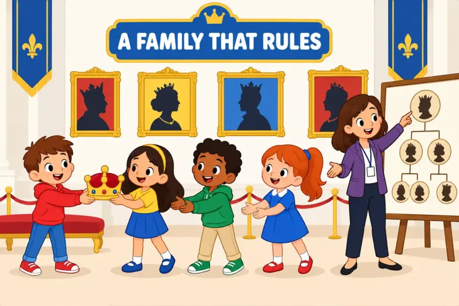 Cartoon children pass a crown down a line of portraits, illustrating dynasty in a sentence as a ruling family.