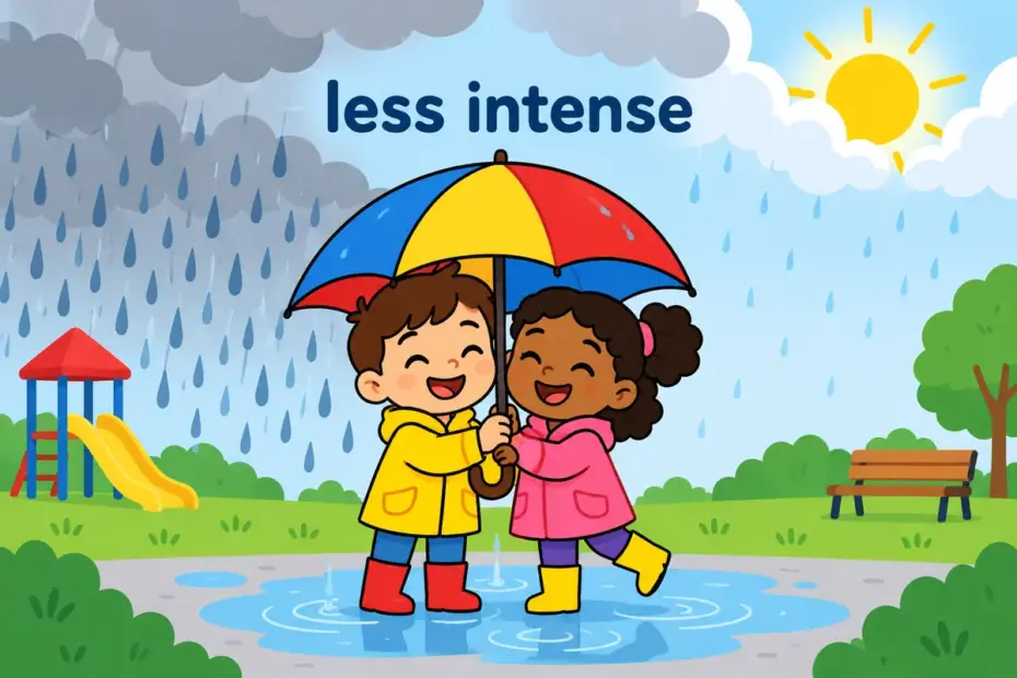 Cartoon children watch heavy rain turn to light drizzle, showing ease up in a sentence as pressure lessening.