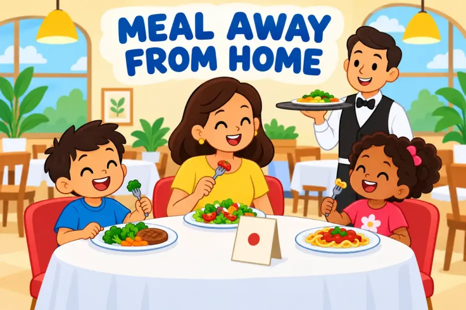 Cartoon children share a meal at a cafe table, showing eat out in a sentence as eating at a restaurant rather than at home.