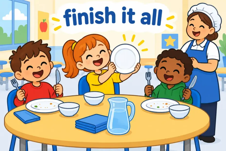 Cartoon children empty their plates at a sunny lunch table, illustrating eat up in a sentence as finishing everything served.