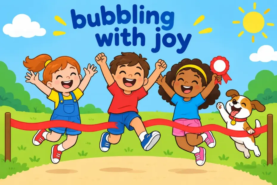 Cartoon children leap and cheer with arms raised at a finish line, showing ebullient in a sentence as joyful high spirits.