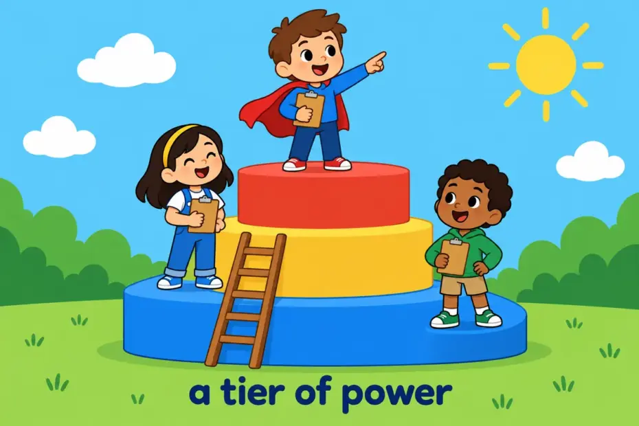 Cartoon children stand on three stacked platforms of different heights, illustrating echelon in a sentence as a tier of rank.