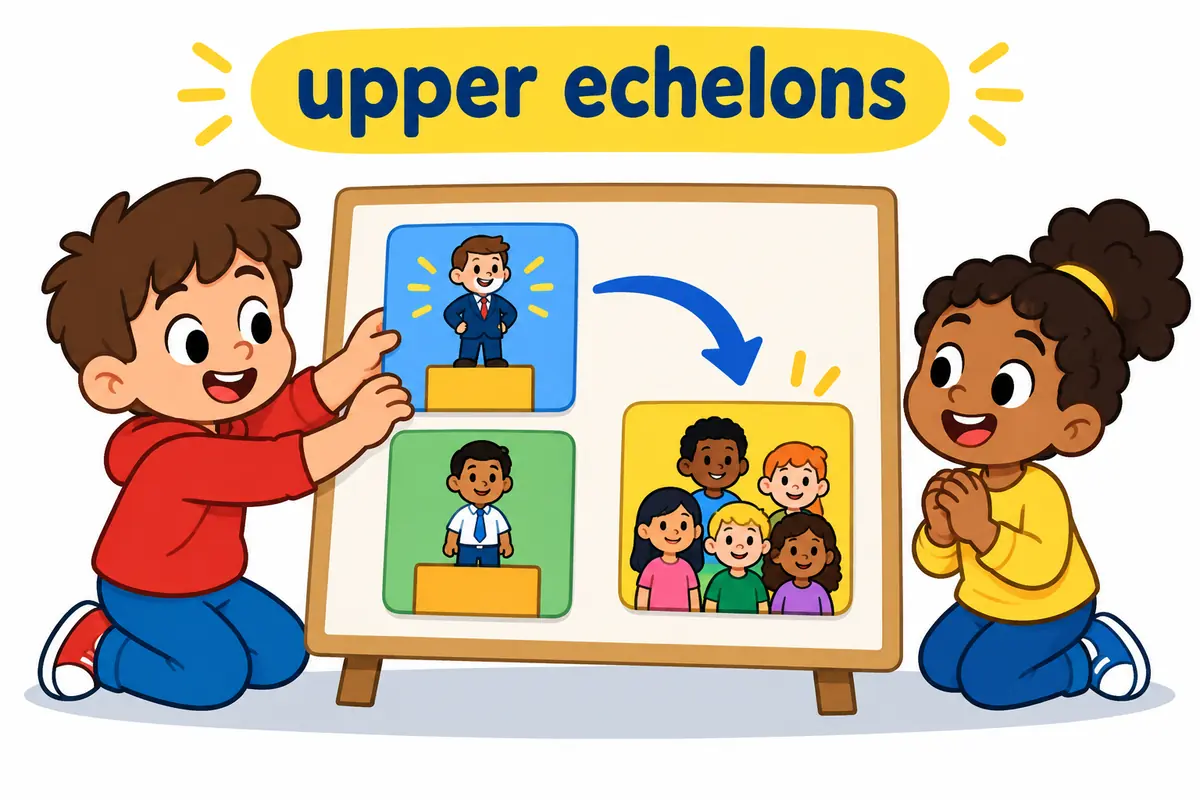 A cartoon child places the word echelons beside two stacked platform cards labelled with arrows.