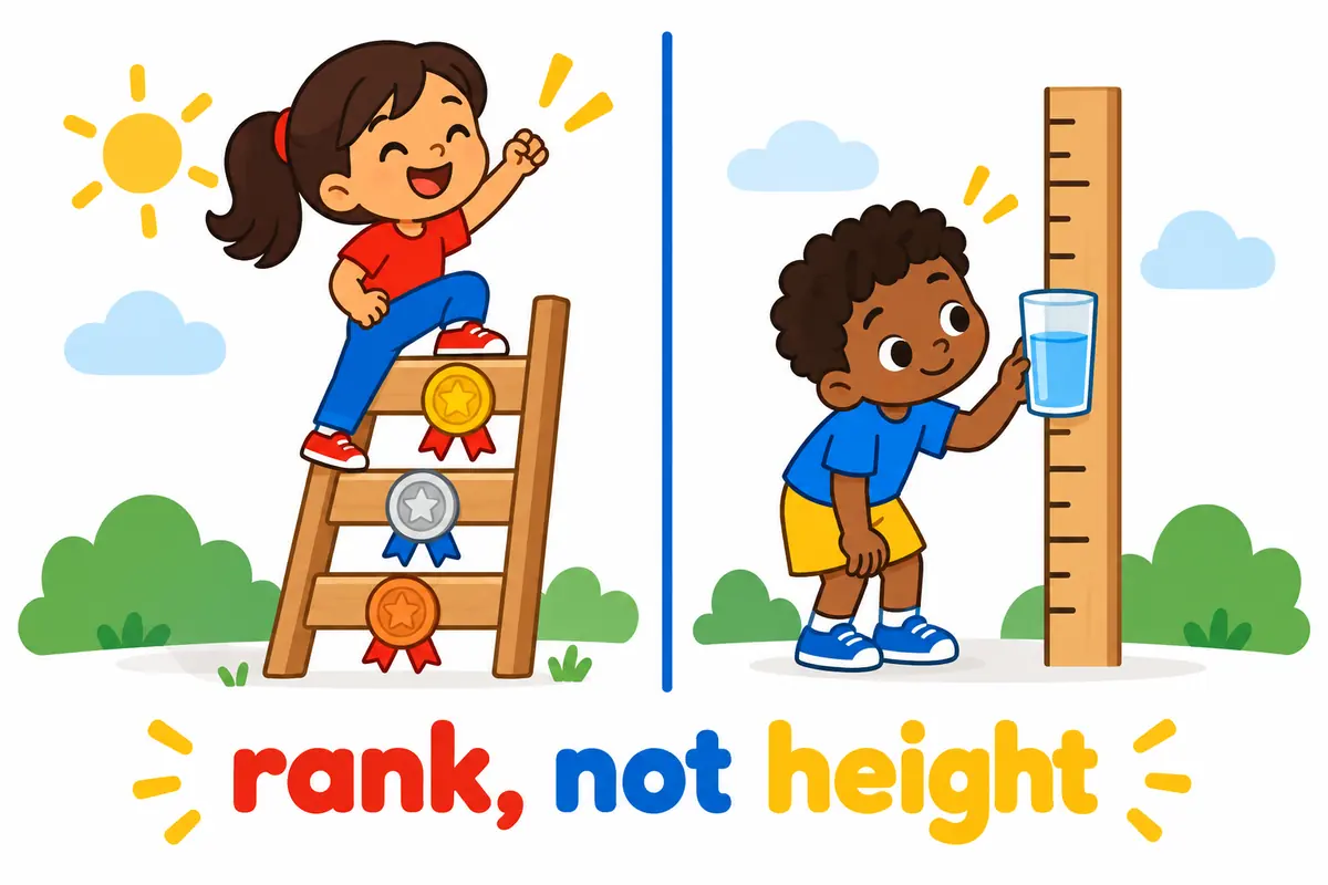 A split cartoon contrasts a child climbing a rank ladder with a child measuring water at a height marker.