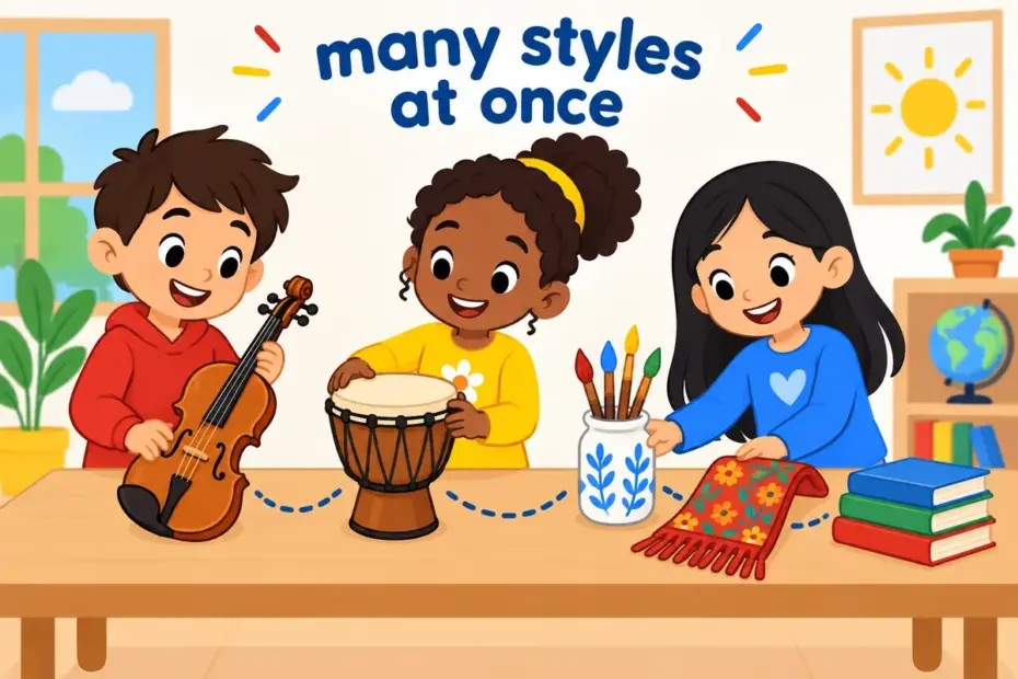 Cartoon children arrange art, music and books from many traditions together, showing eclectic in a sentence as chosen variety.