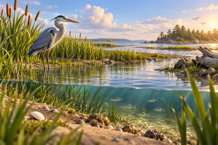 A heron and fish share a marsh with reeds and calm water.
