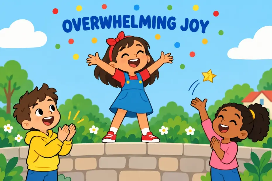 Cartoon children leap and cheer with arms raised, showing ecstasy in a sentence as a state of overwhelming joy.