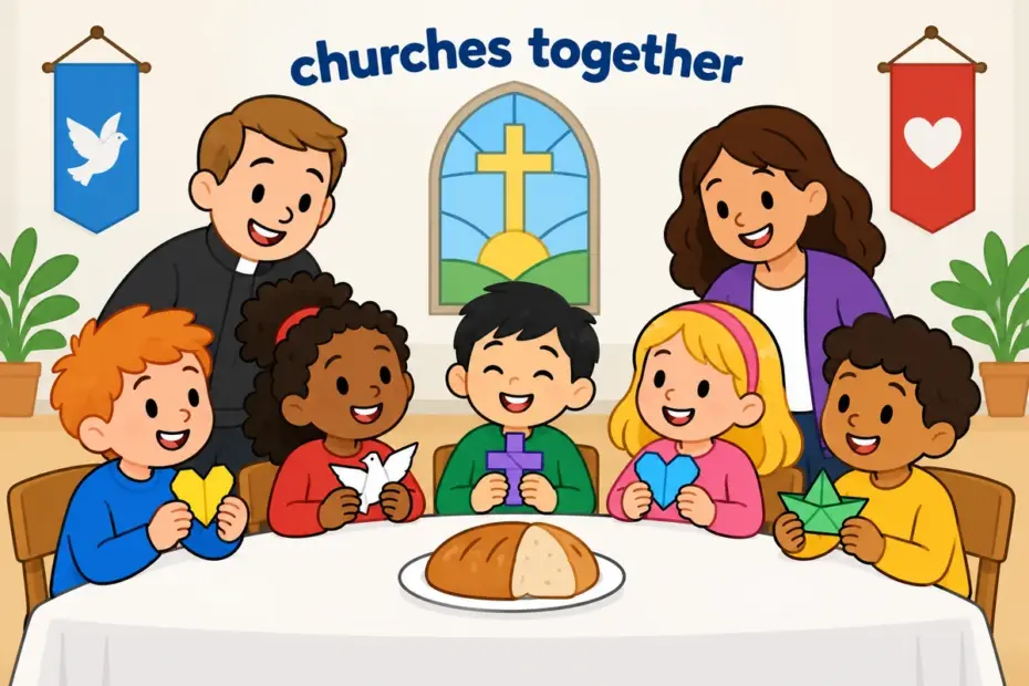 Cartoon children from different congregations join hands around a table, showing ecumenical in a sentence as shared worship.