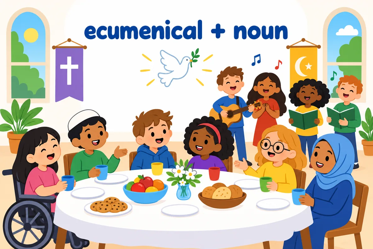 People from varied backgrounds gather around a table beside a welcoming singing group, illustrating ecumenical.