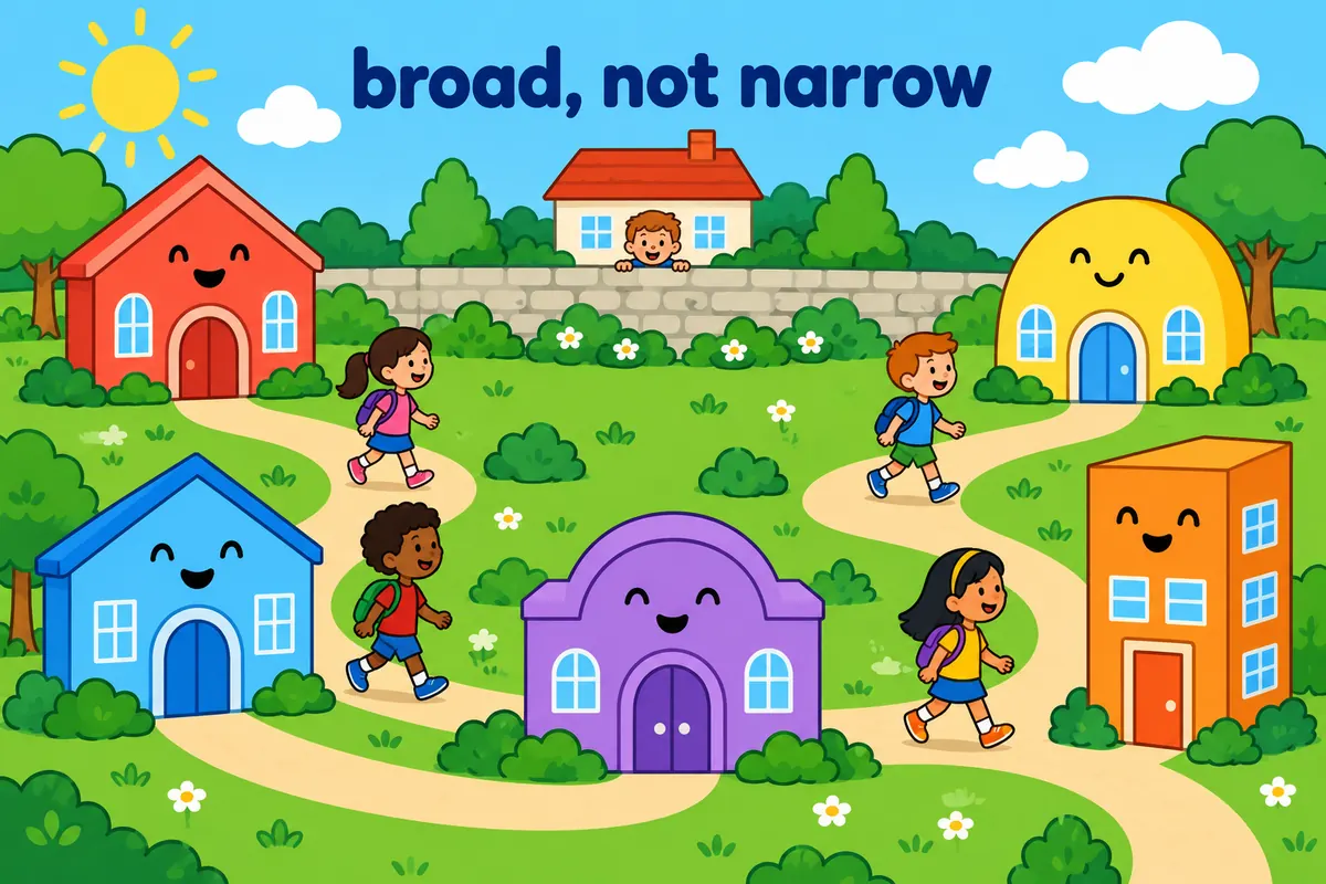 A single cartoon scene contrasts many small church buildings linked by a path with one small building shut behind a wall.