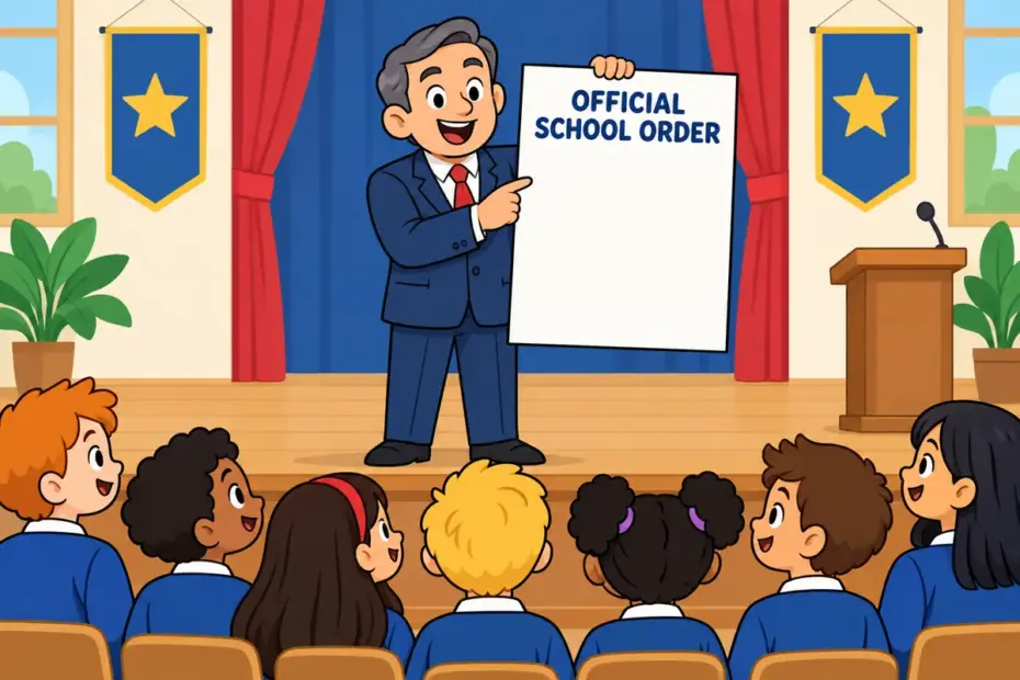 A school principal issues an official direction to pupils, illustrating edict in a sentence as an order from authority.