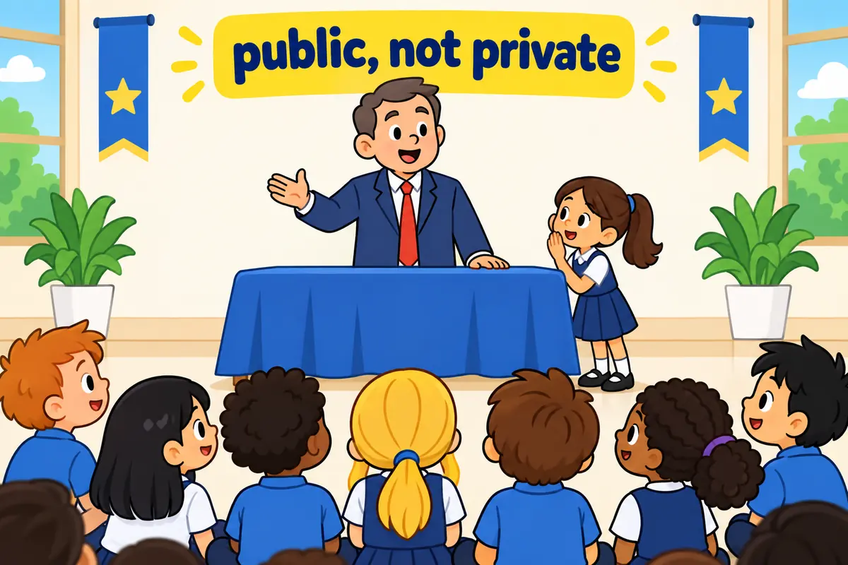 A public school direction differs from a private request, shown together in one assembly scene.