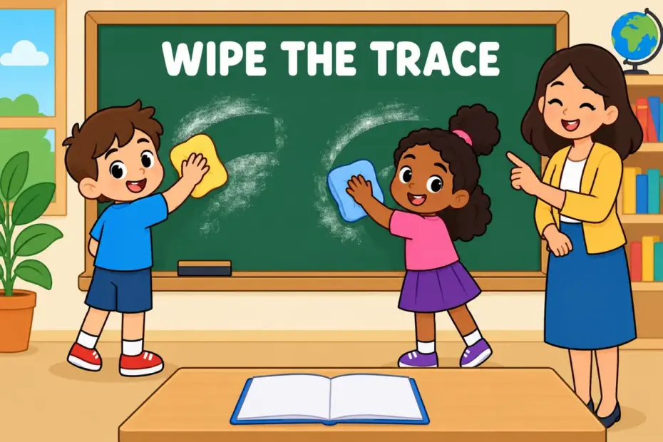 Cartoon pupils wipe chalk marks from a blackboard, showing efface in a sentence as rubbing a trace away.