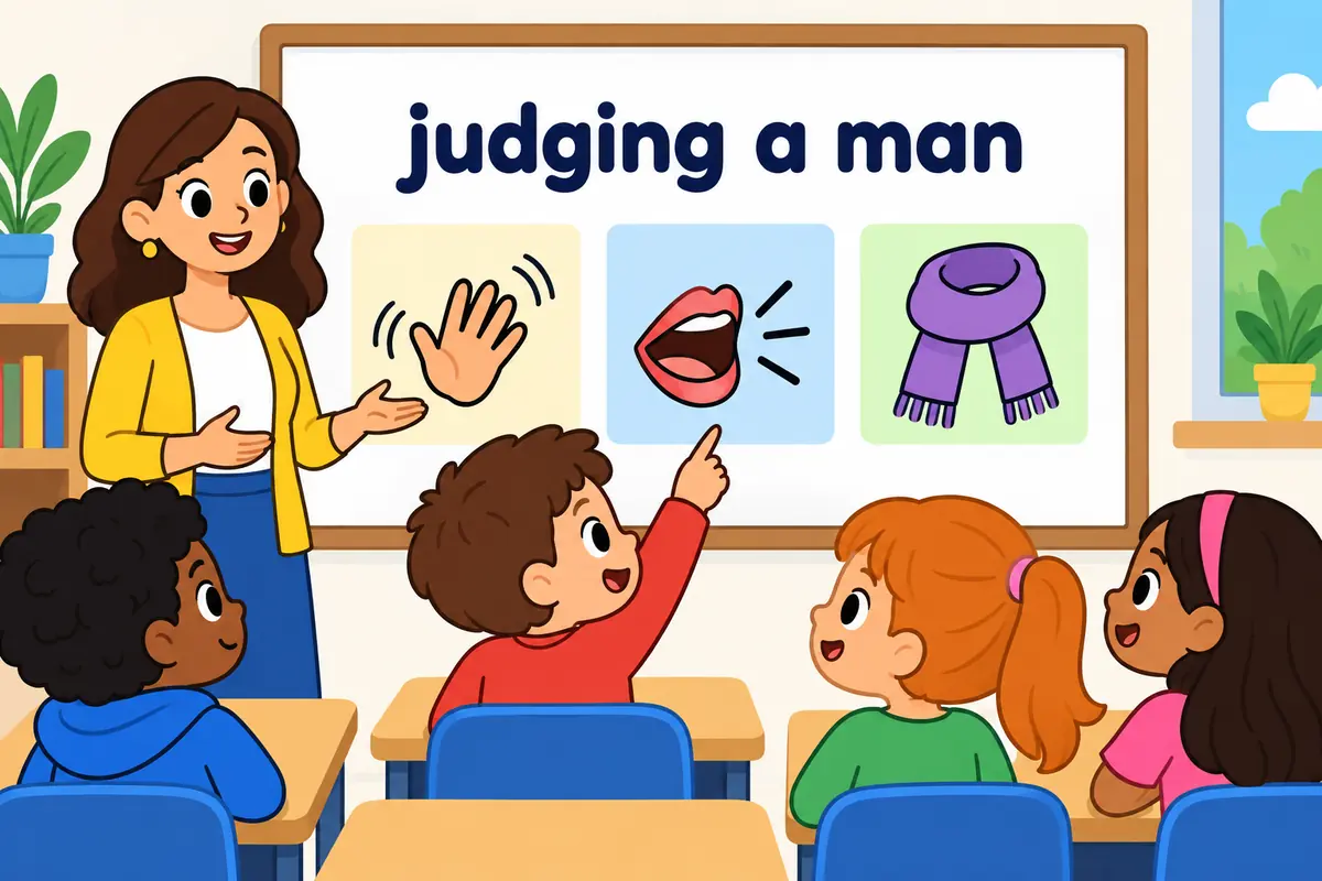 A cartoon board shows the word effeminate placed before picture cards of a manner, a voice and a style.