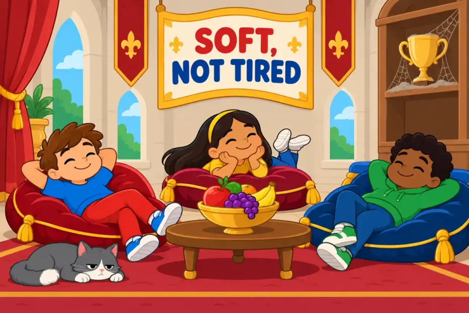 Cartoon pupils lounge on cushions in a grand hall while a trophy gathers dust, showing effete in a sentence as a decline through comfort.