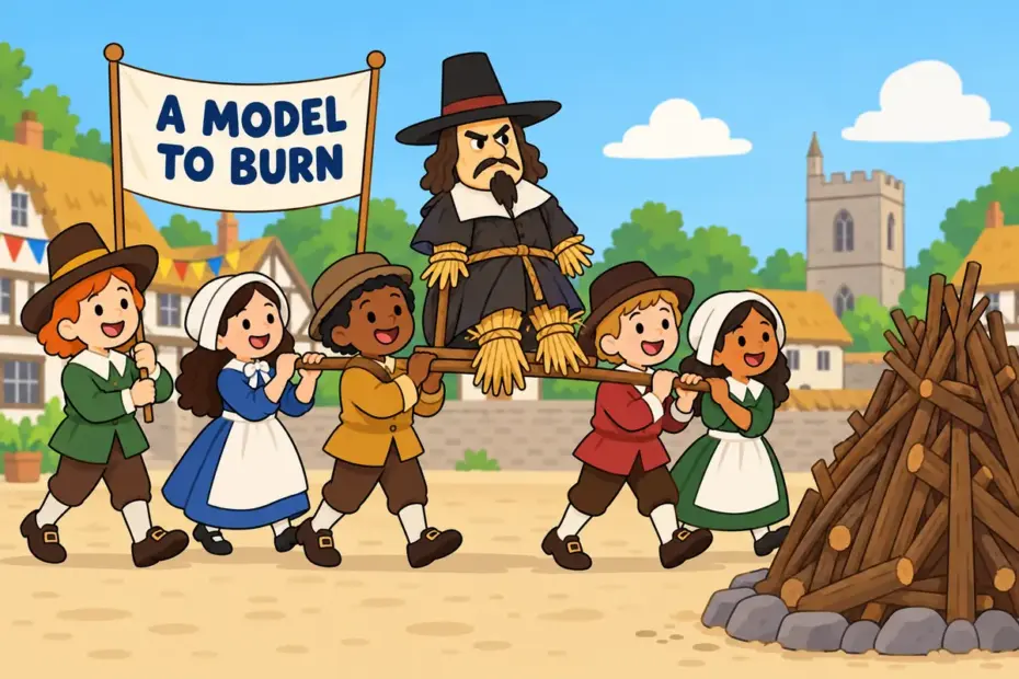 Cartoon protesters carry a straw model of a scowling figure toward a bonfire, showing effigy in a sentence as a mocked stand-in.