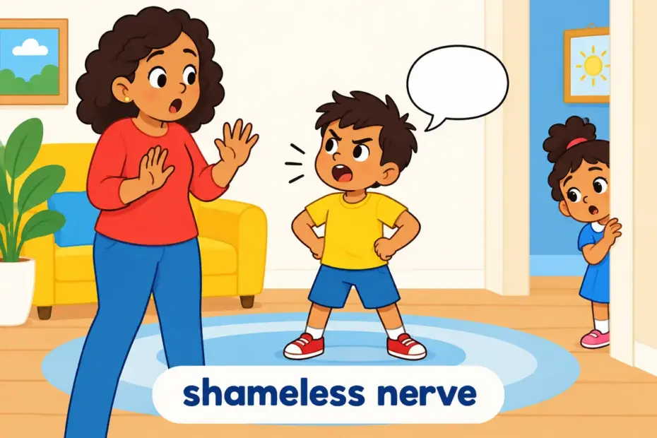 Cartoon child argues back to an adult with a bold grin, showing effrontery in a sentence as shameless boldness.