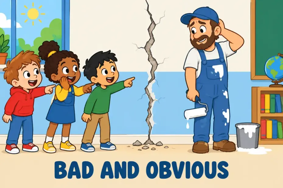 Cartoon pupils stare at a huge obvious crack a builder left in a classroom wall, showing egregious in a sentence as a shocking fault.