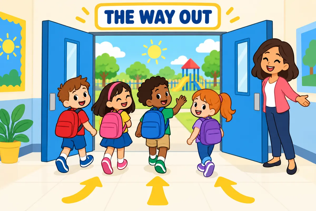 Cartoon children walk through a wide doorway toward a bright playground, showing egress in a sentence as a safe route out.