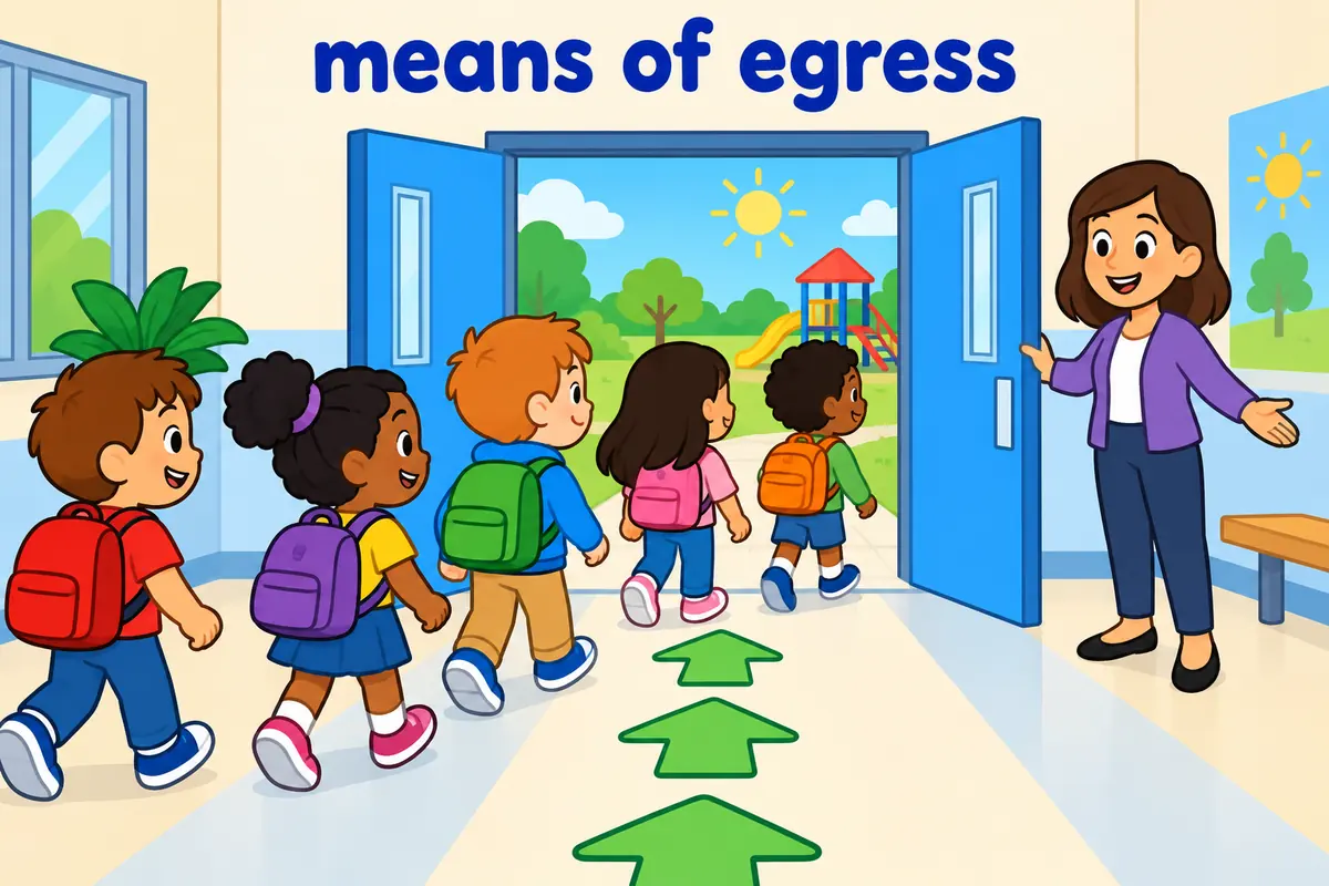 Cartoon children follow a bold arrowed path through a wide doorway toward a bright playground.