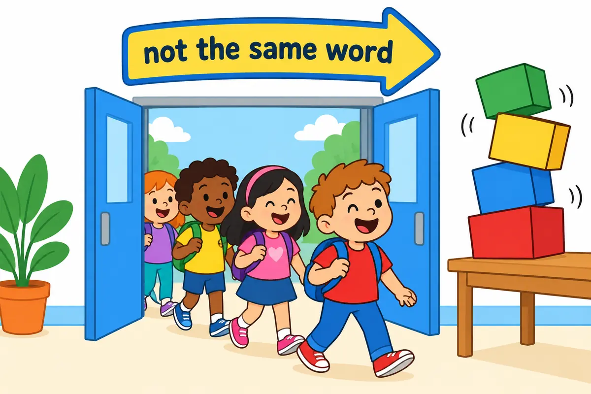 Cartoon single continuous scene contrasts children filing out through a marked doorway with a tower of extra boxes leaning off a table.