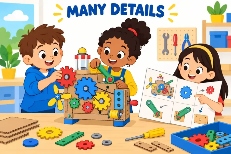 Cartoon children add gears to a detailed cardboard machine, showing elaborate in a sentence as many careful parts.