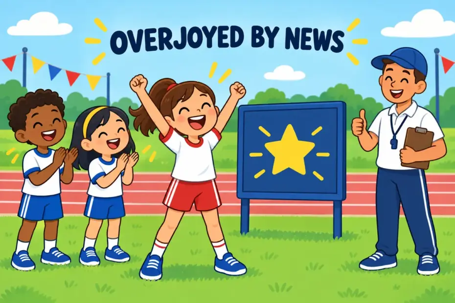 A cartoon girl throws her arms up beside a scoreboard, showing elated in a sentence as a peak of joy.