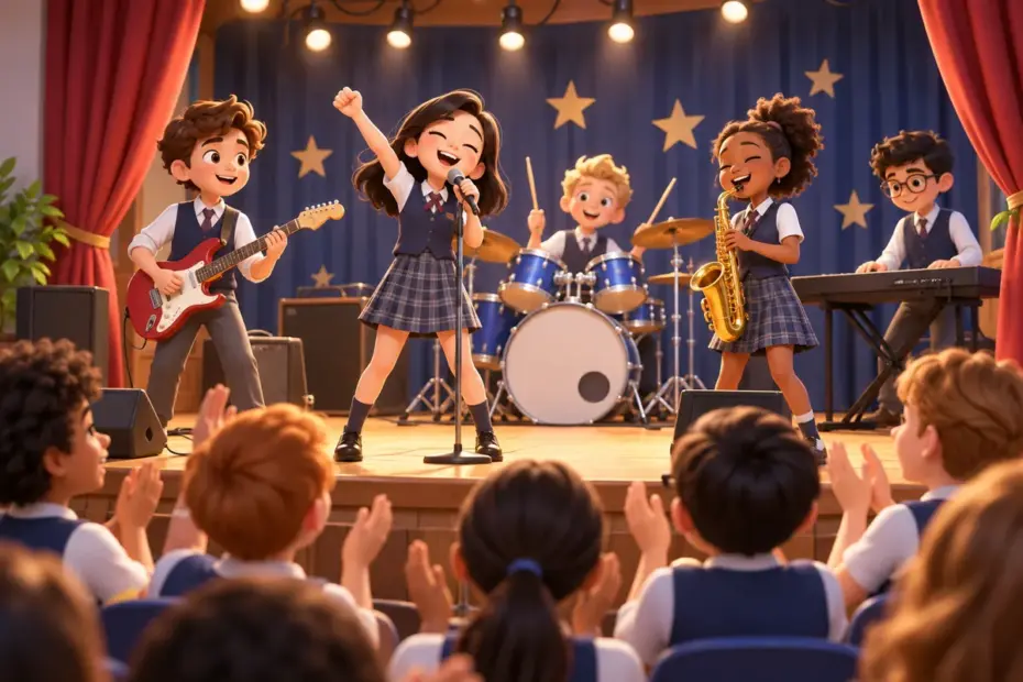 A school band gives an exciting performance as the audience claps.