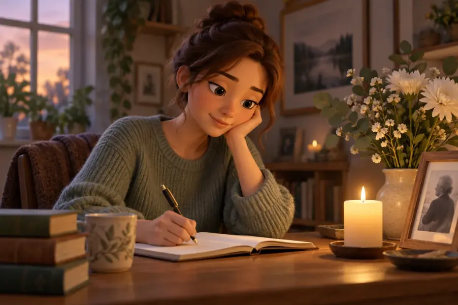 A writer pauses over a notebook beside flowers and candlelight during a quiet moment of remembrance.