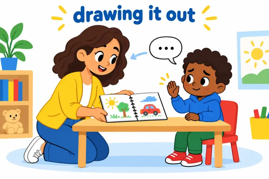 A cartoon teacher draws a shy answer out of a pupil, illustrating elicit in a sentence as gentle asking.