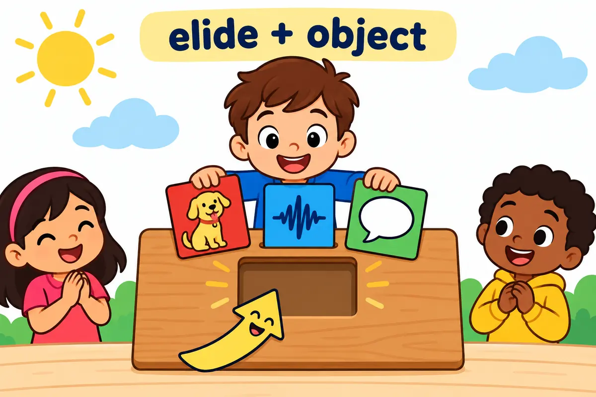 A cartoon child speaks a word while a small letter tile fades away, teaching the pattern elide plus an object.