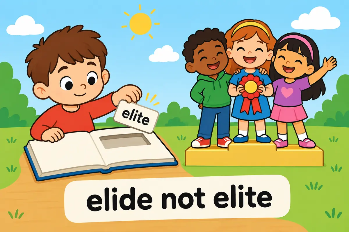 A cartoon single continuous scene contrasts a calm child speaking naturally with a group of posh children, teaching elide versus elite.