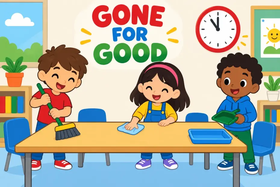 Cartoon pupils clear every crumb from a lunch table until the surface is spotless, showing eliminate in a sentence as complete removal.